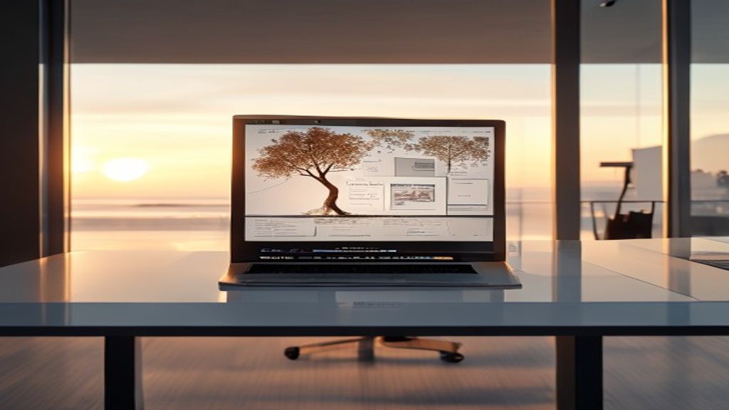 Cinematic editorial photograph of a minimalist high-tech office desk with clean laptop screen displaying website site architecture tree diagrams, soft Rembrandt lighting, warm golden hour tones, shallow depth of field, 85mm lens f/1.8