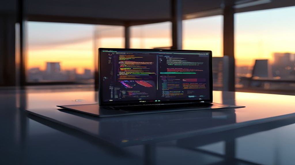 A modern minimalist digital office at golden hour, focus on a high-end laptop displaying organized clean code and website architecture charts, 85mm lens, f/1.8, soft Rembrandt lighting, photorealistic.