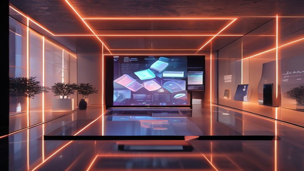 A modern digital workspace with glowing holographic folders floating over a laptop, soft warm Rembrandt lighting, 85mm lens, f/1.8, professional branding aesthetic
