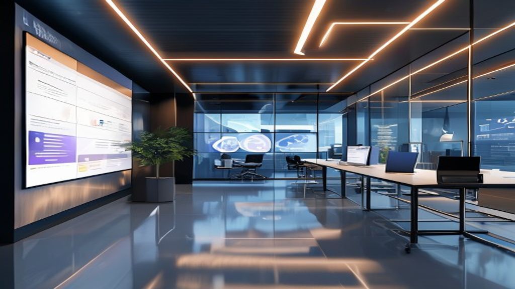 A high-end modern digital marketing office with clean data visualizations on screens, soft Rembrandt lighting, cinematic 85mm lens, f/1.8 depth of field