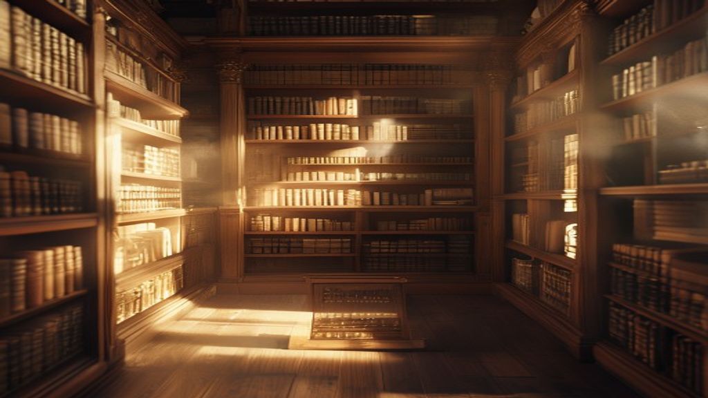 Cinematic shot of a dusty ancient library catalog cabinet with one unlabeled drawer slightly open, soft golden hour lighting, 85mm lens, f/1.8