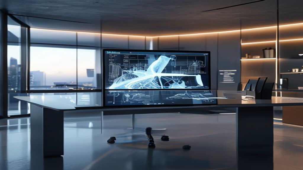 Cinematic photo of a clean minimalist modern office desk with digital wireframe architectural site maps glowing on a high-end laptop display, soft Rembrandt lighting, 85mm lens, f/1.8