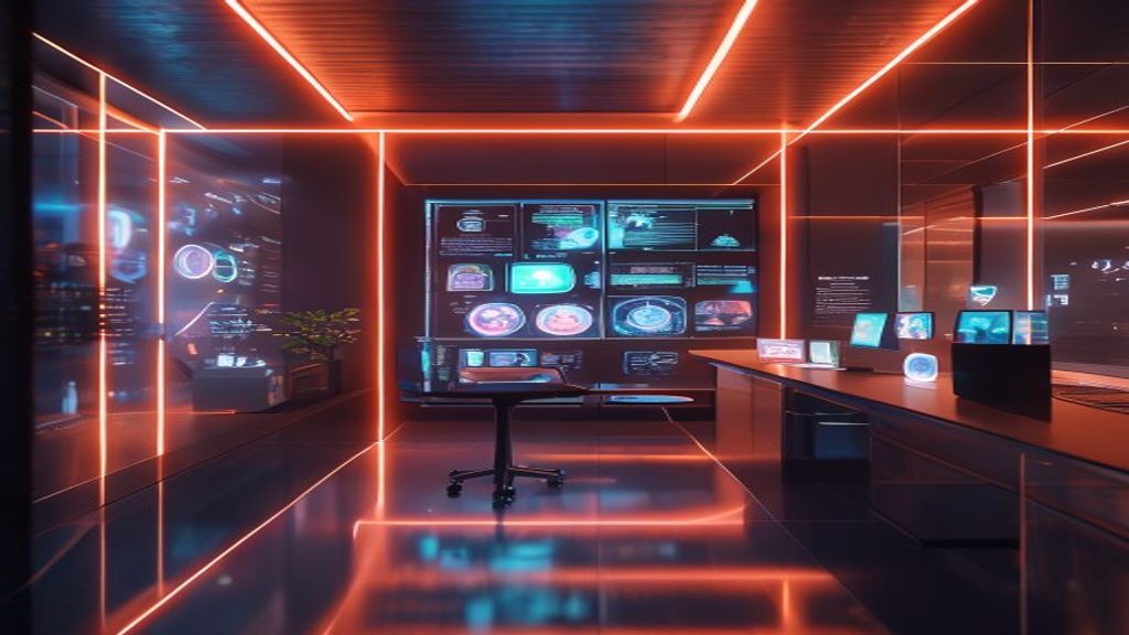 Cinematic medium shot of an organized retro-futuristic digital workspace, warm soft Rembrandt lighting, holographic glowing folder icons, 85mm lens, f/1.8