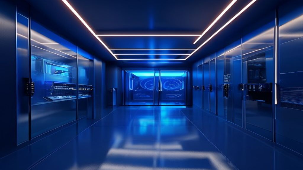 Cinematic photo of a clean, minimalist web server room, soft Rembrandt lighting, deep blue neon accents, shot with 85mm lens, f/1.8