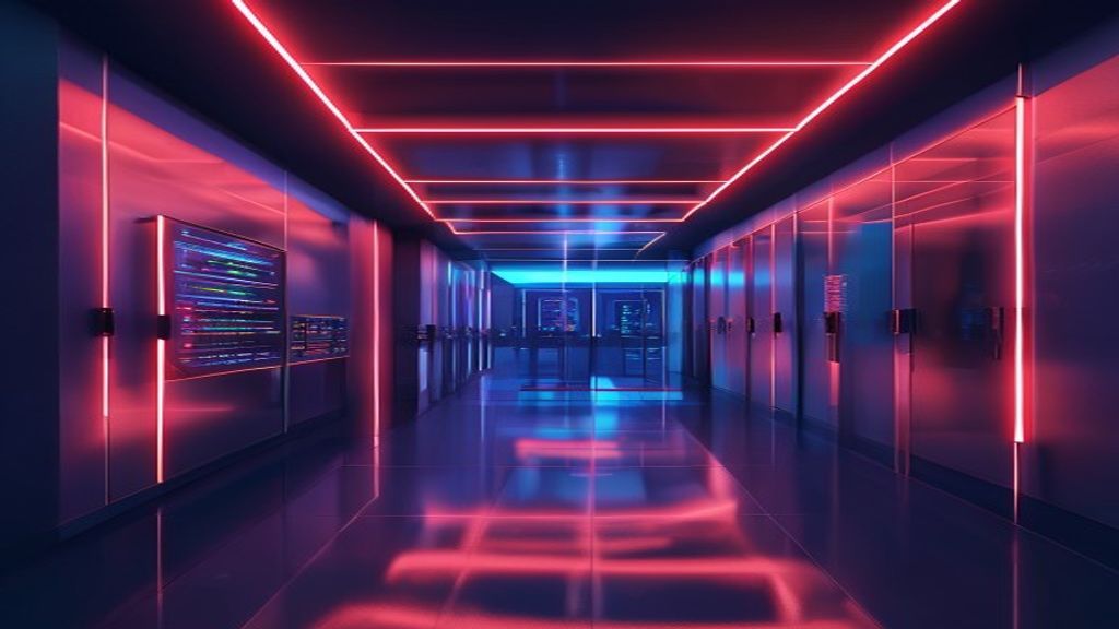 Minimalist clean server room, glowing neon lights, soft cinematic shadows, professional tech photography, 85mm lens, f/1.8