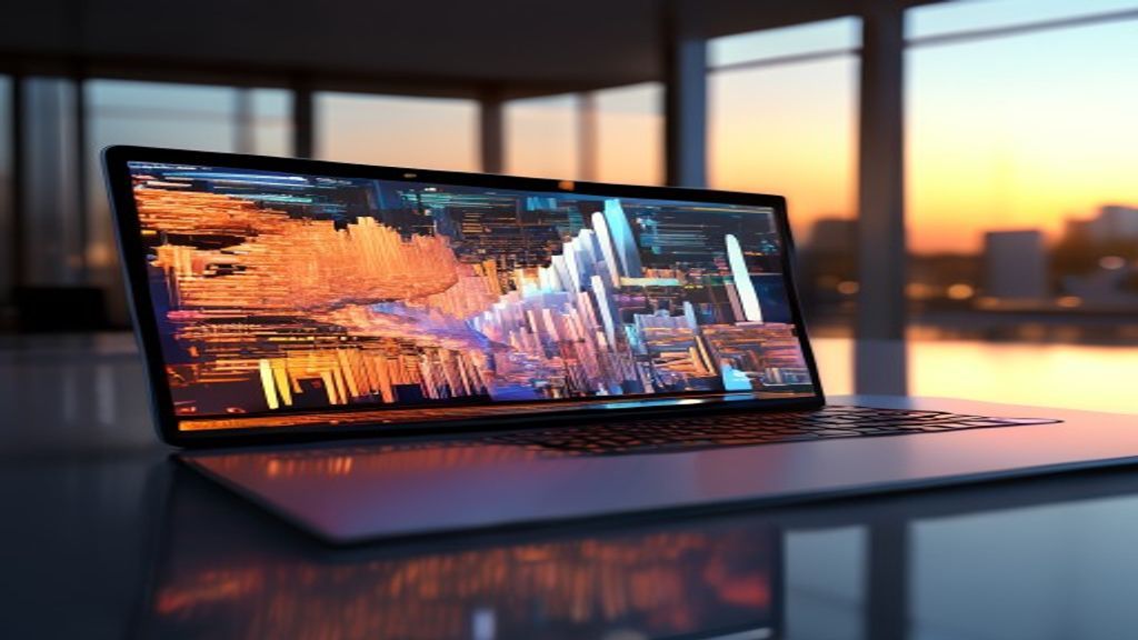 A conceptual high-tech office during golden hour, focused on a sleek glowing laptop screen showing a disorganized database turning into a perfect structured 3D architecture map, 85mm lens, f/1.8, soft Rembrandt lighting, photorealistic, premium feel