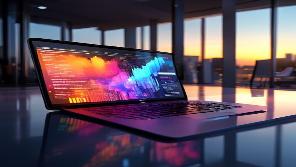 A high-end cinematic photo of a modern tech office at golden hour, focus on glowing laptop screen displaying colorful website architecture diagrams, 85mm lens, f/1.8