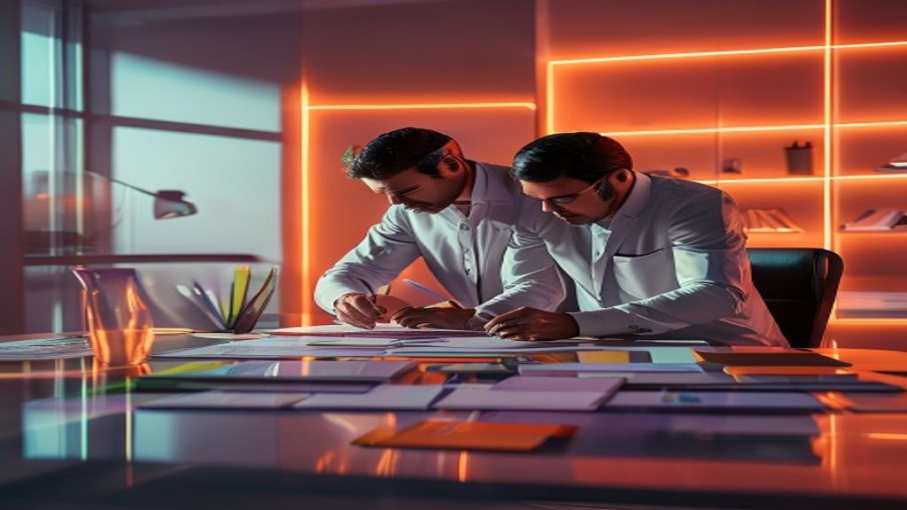 A high-quality, professional photograph of a modern digital marketer organizing colorful files on a sleek desk, warm soft Rembrandt lighting, 85mm lens, f/1.8, cinematic atmosphere
