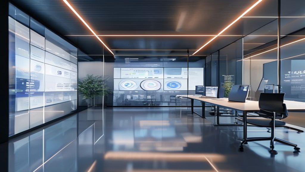 A modern minimalist digital marketing office setup with detailed analytics on translucent glass screens, cinematic soft Rembrandt lighting, 85mm lens, f/1.8 depth of field