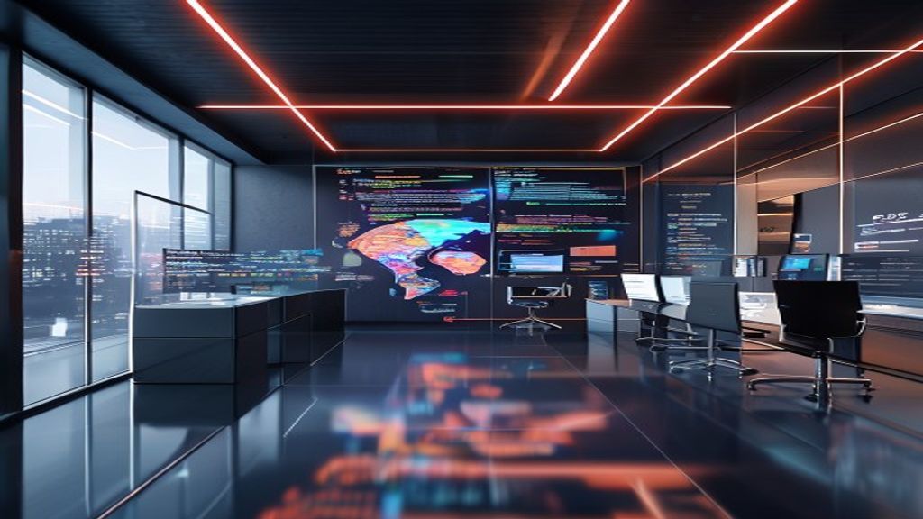 A sleek modern digital marketing agency office, dynamic SEO code and website architecture diagram floating as glowing holograms, cinematic soft Rembrandt lighting, shot on 85mm lens at f/1.8