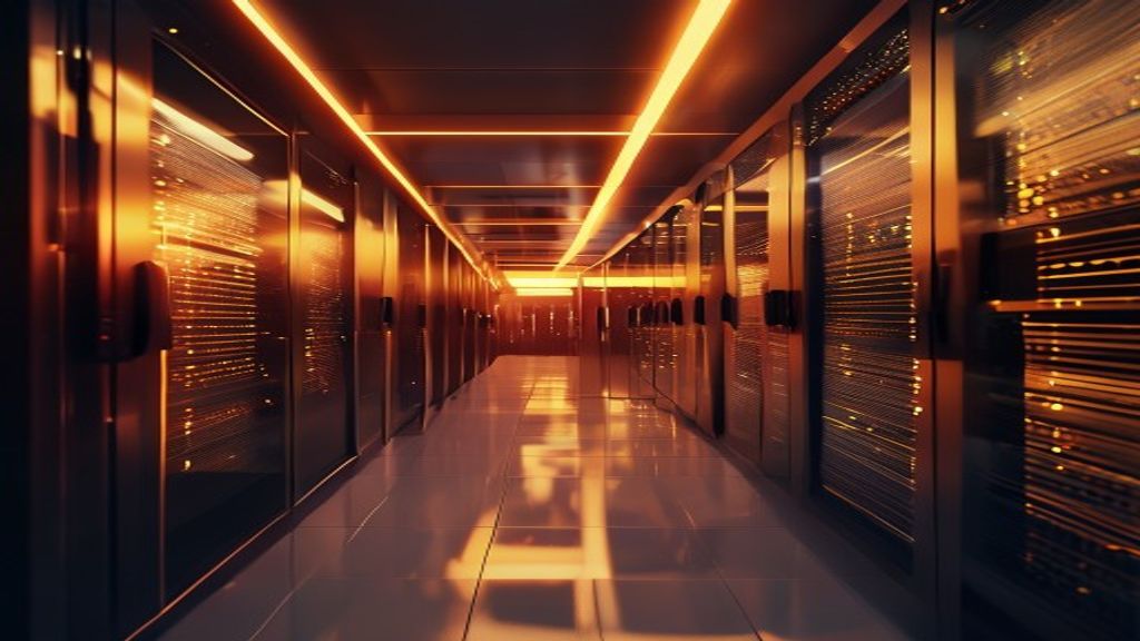 A cinematic, high-end photographic close-up of an organized server room with warm golden hour lighting, 85mm lens, f/1.8