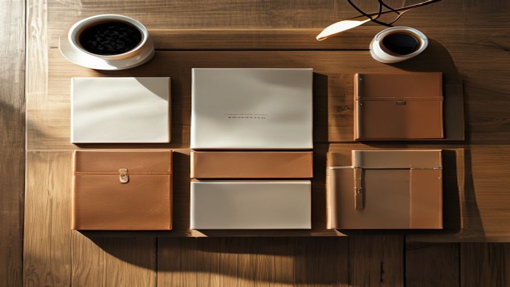 An overhead, cinematic photograph of organized, premium leather folders on a clean minimalist wooden desk, soft Rembrandt lighting, 85mm lens f1.8