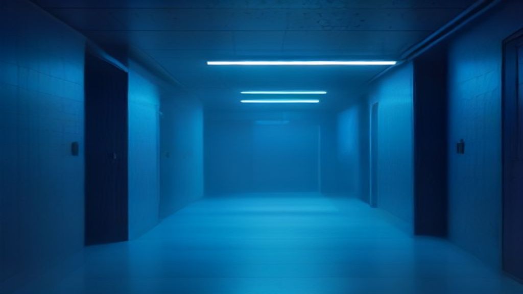 Cinematic shot of a minimalist futuristic digital server room, vibrant blue neon grid pathways, 85mm lens, f/1.8, Rembrandt lighting