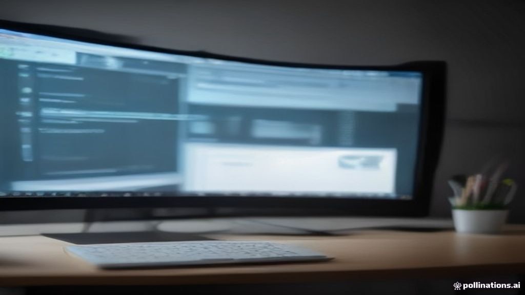 Clean modern digital marketing office workspace with glowing monitor displaying web architecture code, shot with 85mm lens, f/1.8, soft Rembrandt lighting